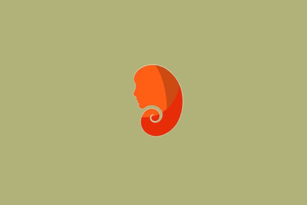 Símbolo estilizado de uma mulher de perfil com cabelos formando um caracol em tons de vermelho e laranja, sobre fundo verde-oliva