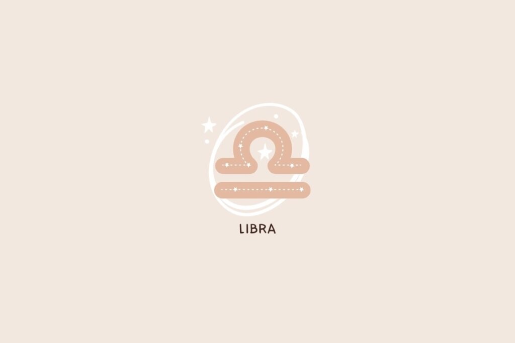 Ícone do signo de Libra em tom bege, formado por uma linha horizontal e um arco superior, com traços pontilhados e detalhes de estrelas sobre um fundo claro