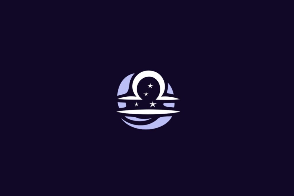 Ilustração do signo de Libra, com semicírculo sobre uma linha reta espessa representando a balança, acompanhada por três estrelas, em fundo-roxo escuro