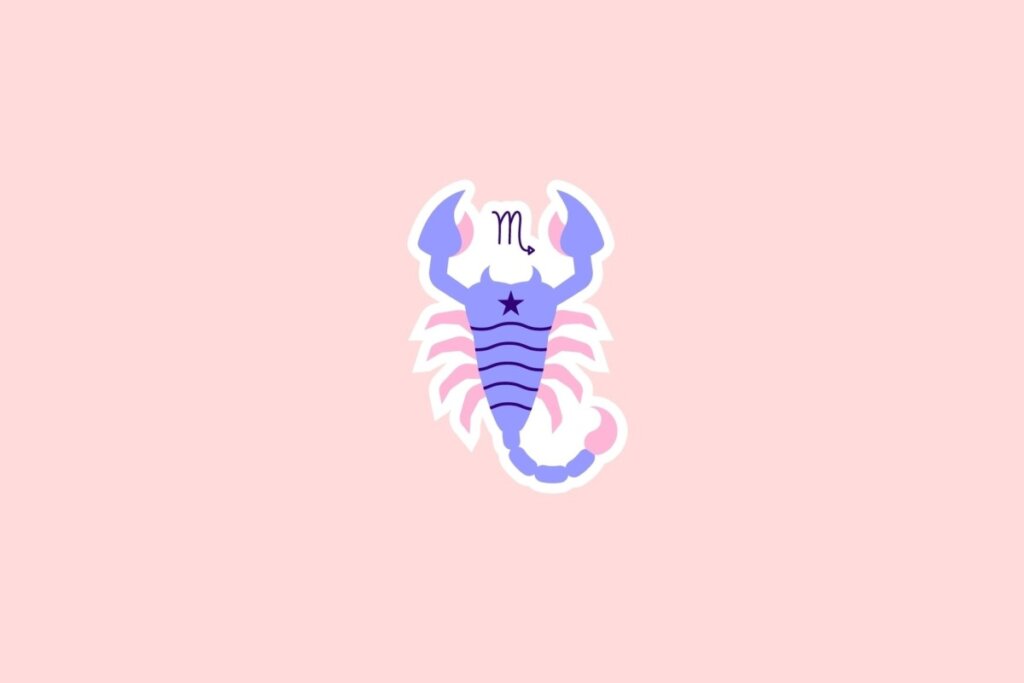 Ilustração de um escorpião em tons de azul, roxo e rosa com o símbolo de Escorpião acima, sobre fundo rosa-claro