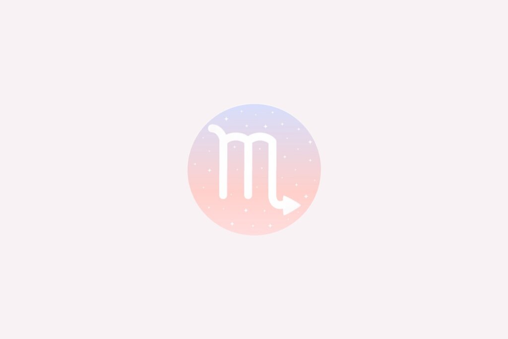 Ilustração do signo de Escorpião com símbolo branco em forma de “M” com cauda em seta, em fundo pastel estrelado