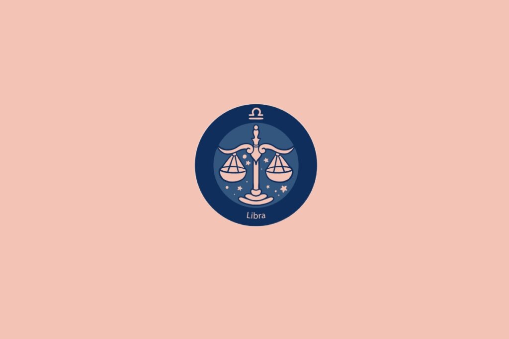 Ilustração do signo de Libra com uma balança equilibrada em fundo rosa 