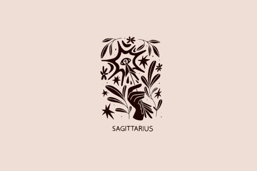Ilustração do signo de Sagitário contendo uma flecha apontando para cima entre folhas e estrelas em fundo bege