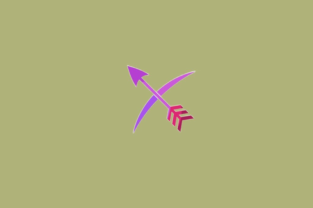 Simbolo do signo de sagitário, em rosa e roxo, sobre fundo verde musgo 