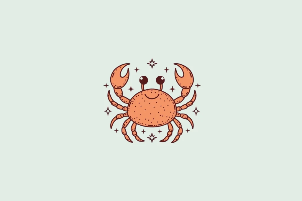 Uma ilustração simplificada do signo de Câncer, mostrando um caranguejo laranja-claro com olhos grandes e um sorriso, cercado por pequenas estrelas.