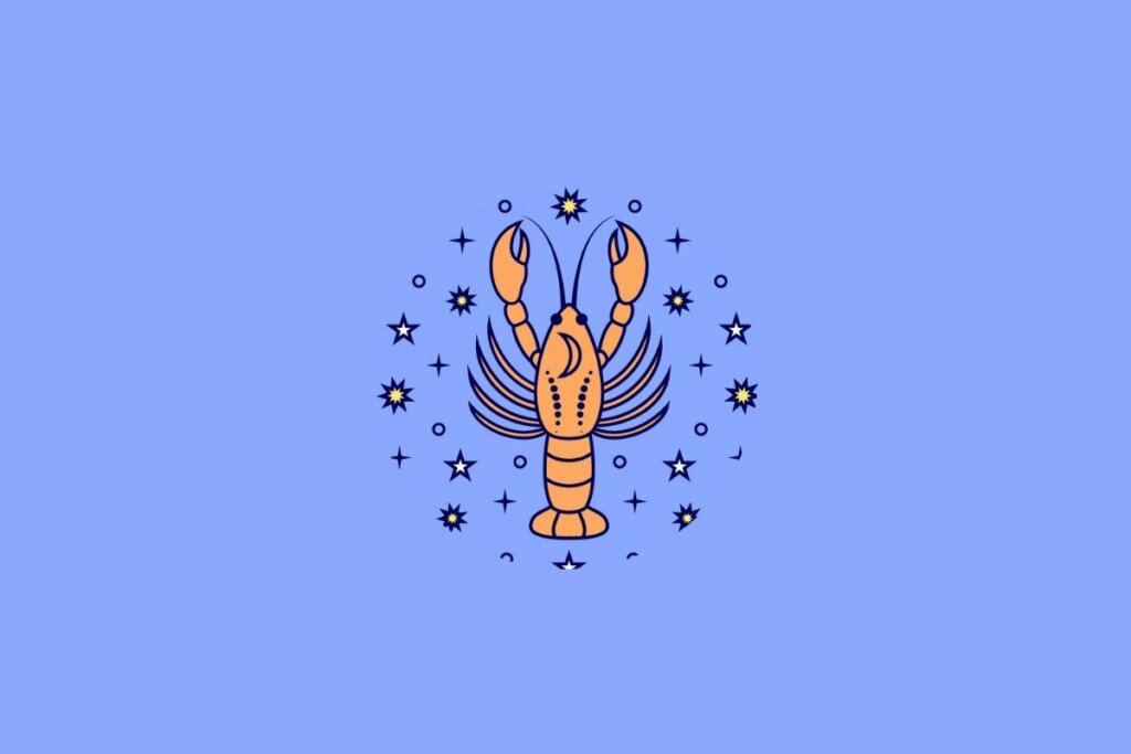 magem do signo de Câncer em fundo lilás, com ilustração suave e estilizada. A arte remete ao caranguejo, símbolo do signo, em um visual leve, com linhas simples e uma paleta delicada que combina com o restante do horóscopo.