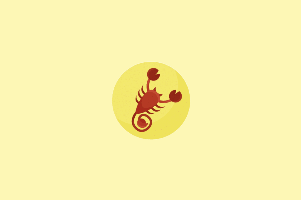 Ilustração estilizada de um escorpião vermelho com pinças abertas e cauda curvada para cima, inserida em um círculo amarelo claro sobre um fundo amarelo ainda mais claro.