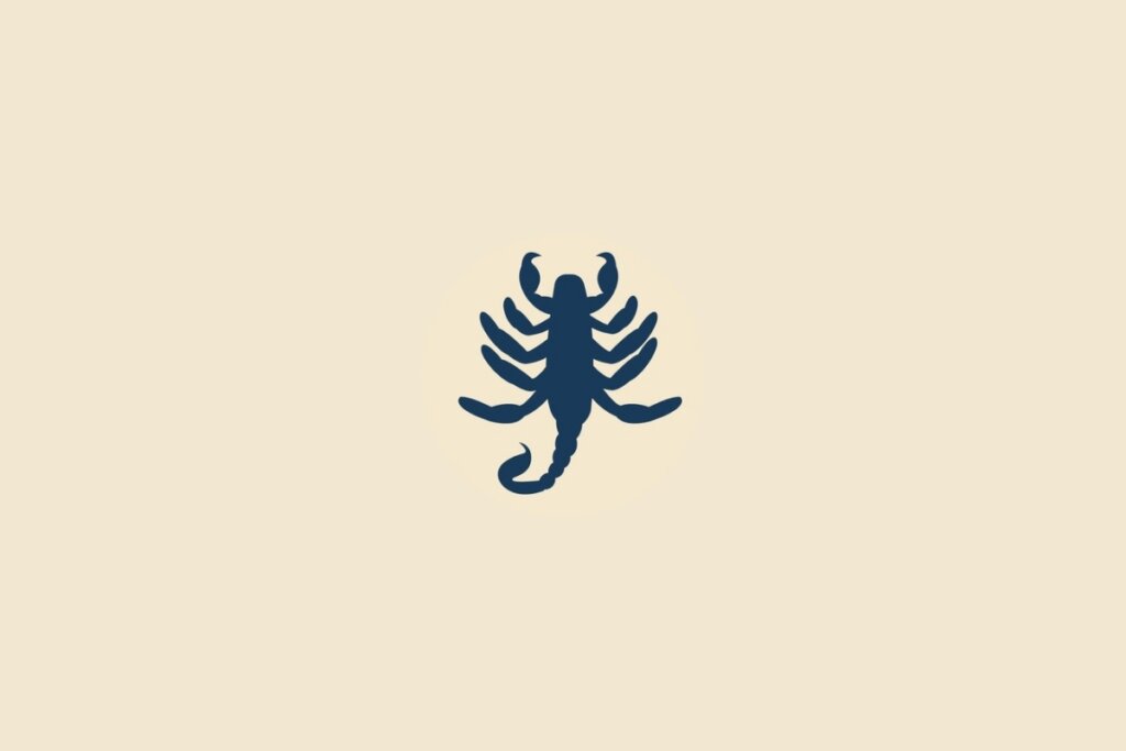 Ilustração do signo de escorpião em azul sobre um fundo bege