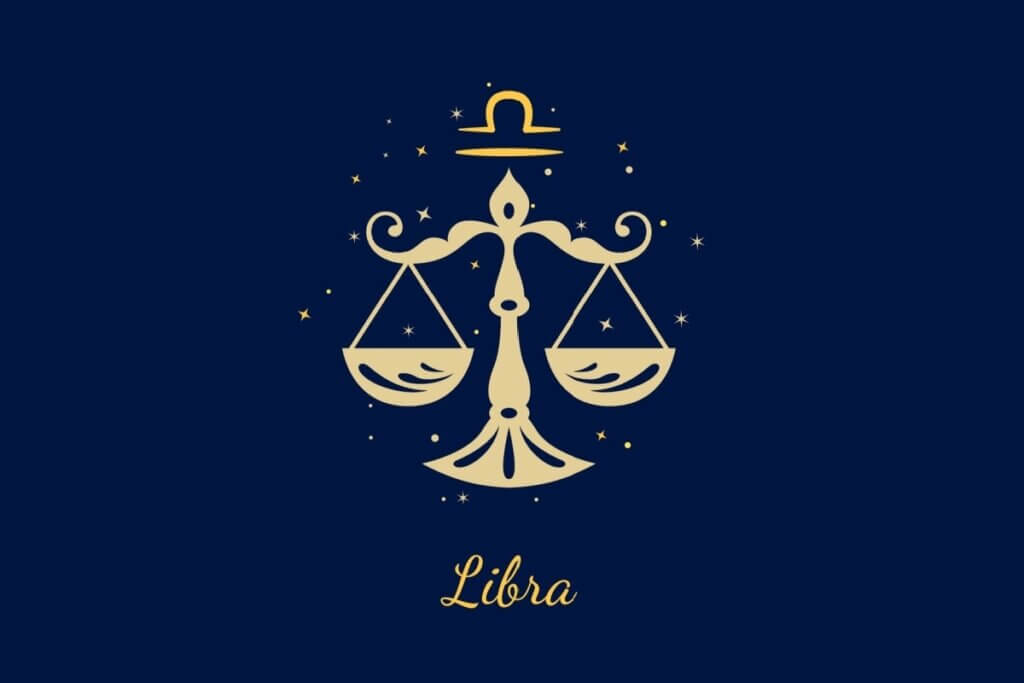 Um fundo azul-marinho escuro com ilustração de uma balança de pratos simétrica e ornamentada. Acima dela, o glifo de Libra (duas linhas horizontais, a superior com uma curva). Abaixo, o texto "Libra".