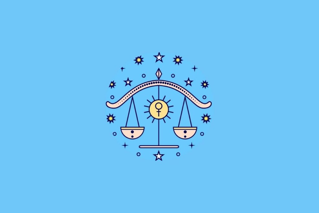 ilustração do signo de Libra em fundo azul, com visual simples e centralizado. A arte faz referência ao símbolo da balança de forma estilizada, com traços finos e aparência delicada, criando uma imagem equilibrada e discreta.