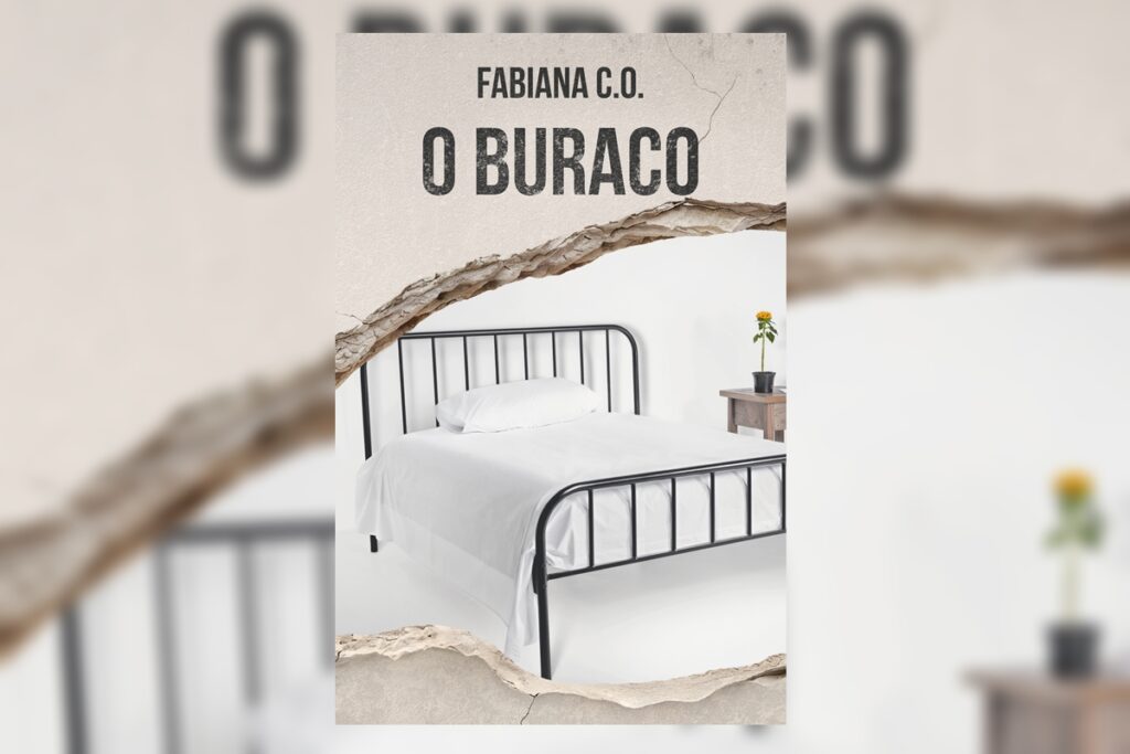 Capa do livro "O buraco", com a ilustração de uma cama com lençol branco 