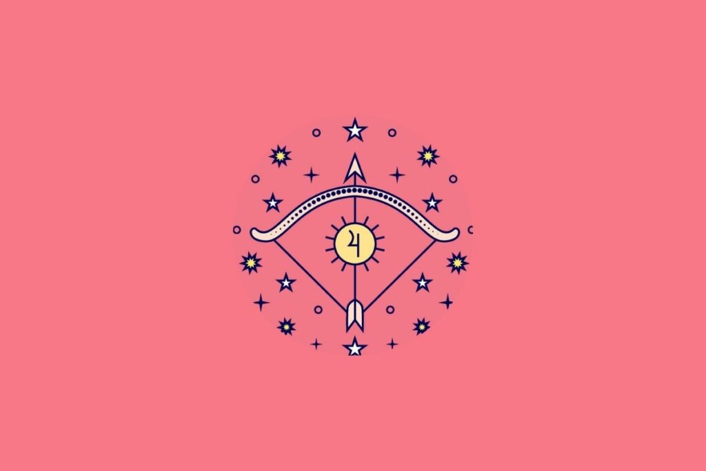 ilustração do signo de Sagitário em fundo rosa, com desenho central em estilo minimalista. A imagem remete ao símbolo do signo de forma leve e elegante, com traços sutis e estética suave.