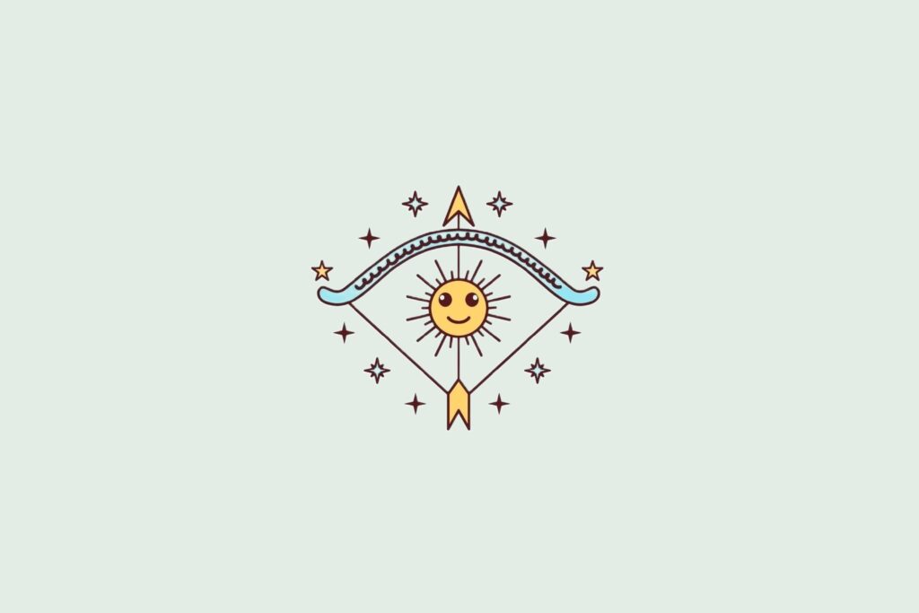 Uma ilustração simplificada do signo de Sagitário, mostrando um arco e flecha estilizados com um sol sorridente no centro, cercados por pequenas estrelas.