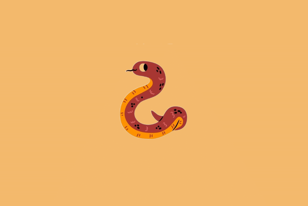 Ilustração minimalista de uma serpente de cor avermelhada com o ventre amarelo e manchas escuras, sobre um fundo sólido bege-alaranjado.