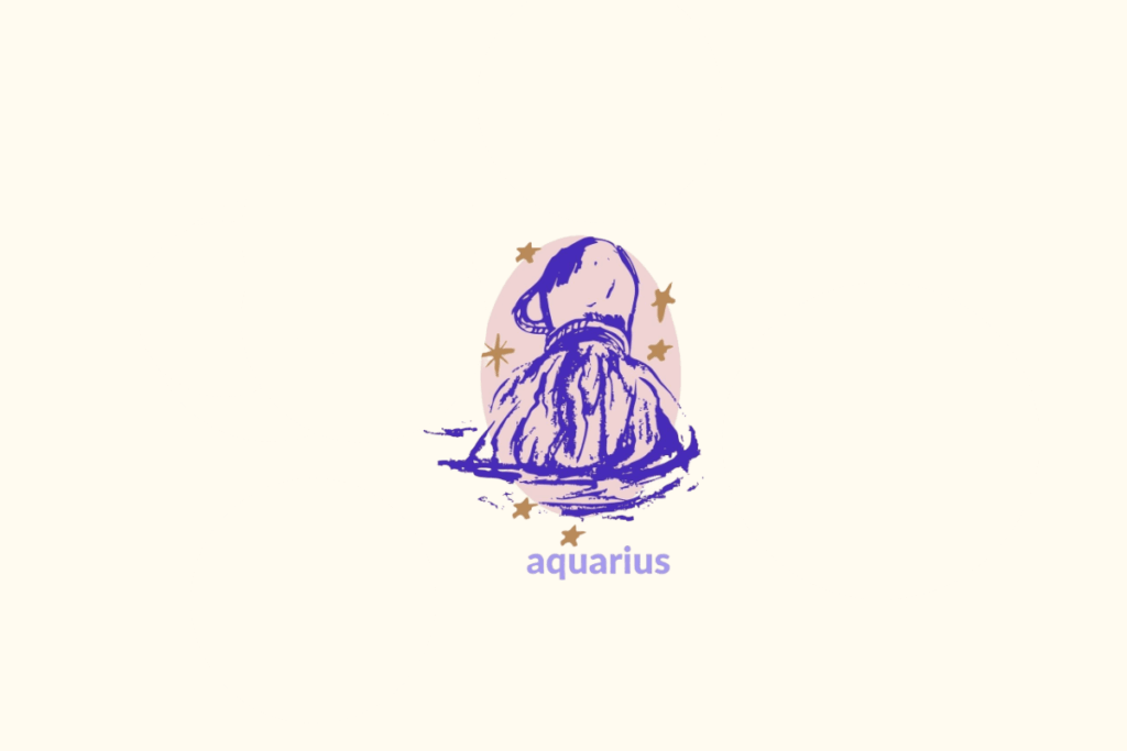 Ilustração de uma ânfora dentro de um círculo rosa representando o signo de aquário. Nome do signo abaixo e estrelas douradas ao redor