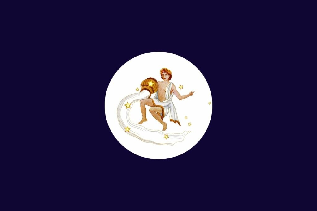 Ilustração do signo de aquário em em tons de bege e branco um círculo branco sobre um fundo azul-escuro