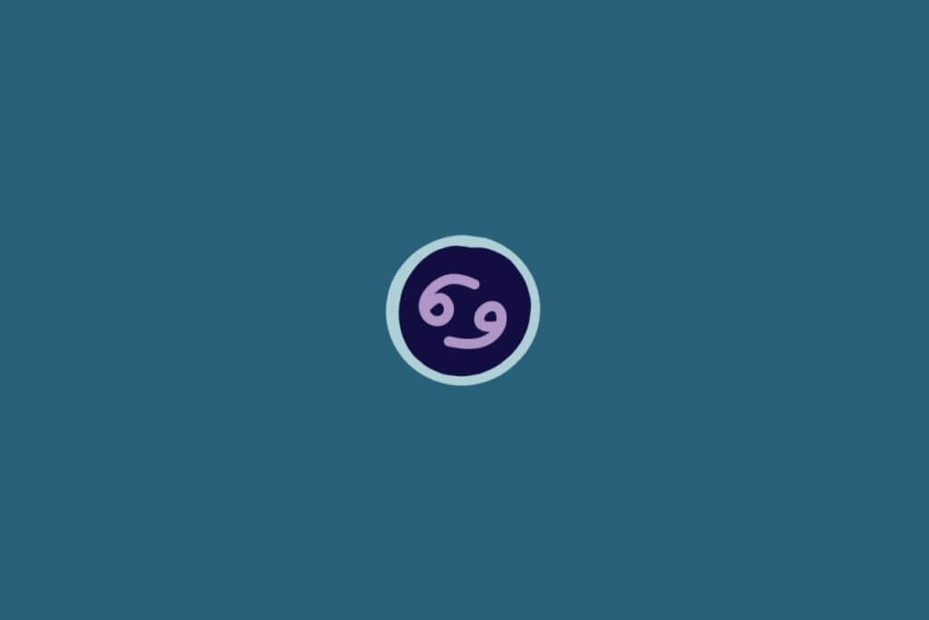 Ilustração do signo de Câncer, na cor roxa, em um círculo azul-escuro com borda azul-claro, sobre um fundo verde
