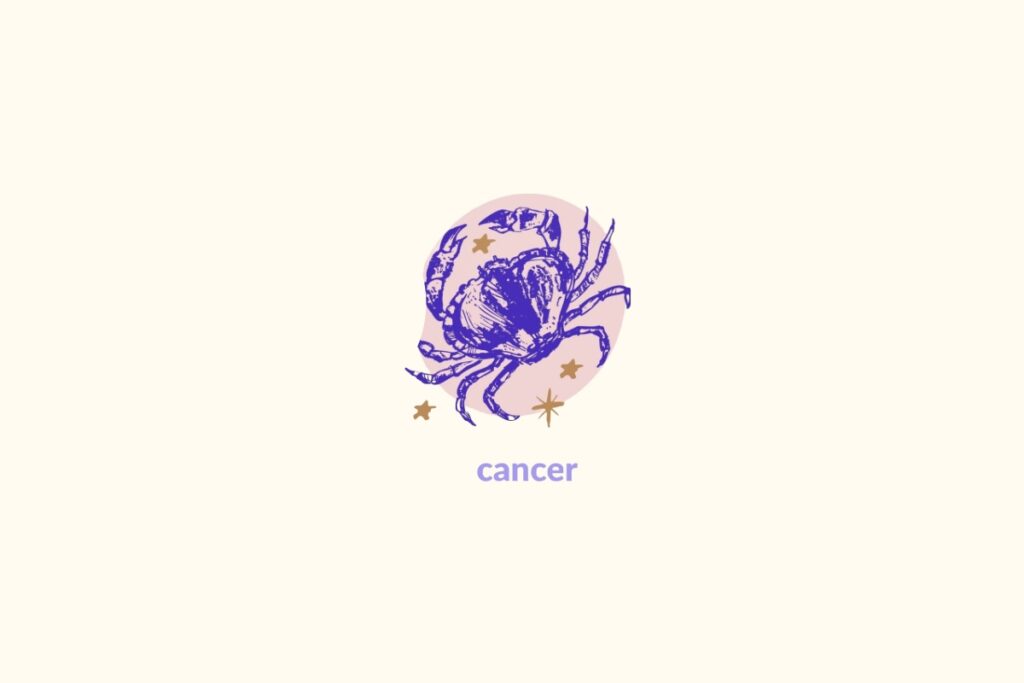 Ilustração de um caranguejo dentro de um círculo rosa representando o signo de câncer. Nome do signo abaixo e estrelas douradas ao redor