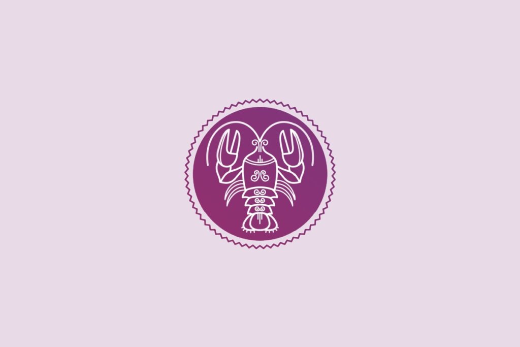 Ilustração de um círculo roxo com desenho de um caranguejo no centro, representando o signo de câncer, sobre fundo lilás