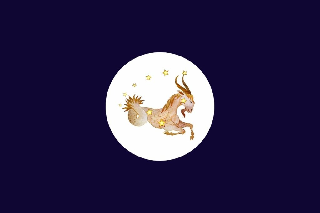 Ilustração do signo de capricórnio em tons de amarelo em um círculo branco sobre um fundo azul-escuro