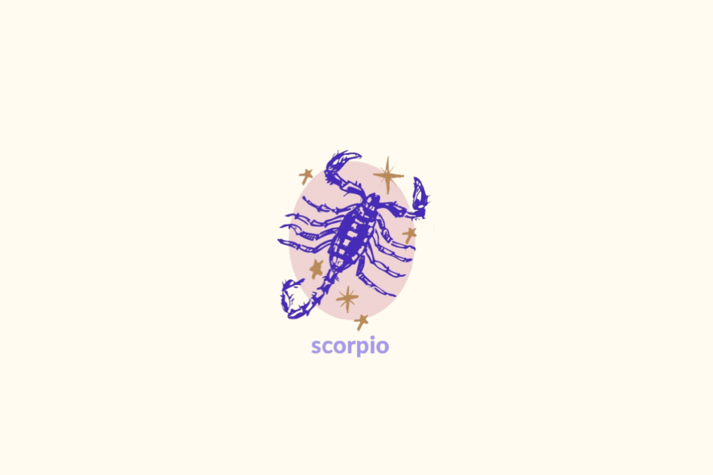 Ilustração de um escorpião dentro de um círculo rosa representando o signo de escorpião. Nome do signo abaixo e estrelas douradas ao redor