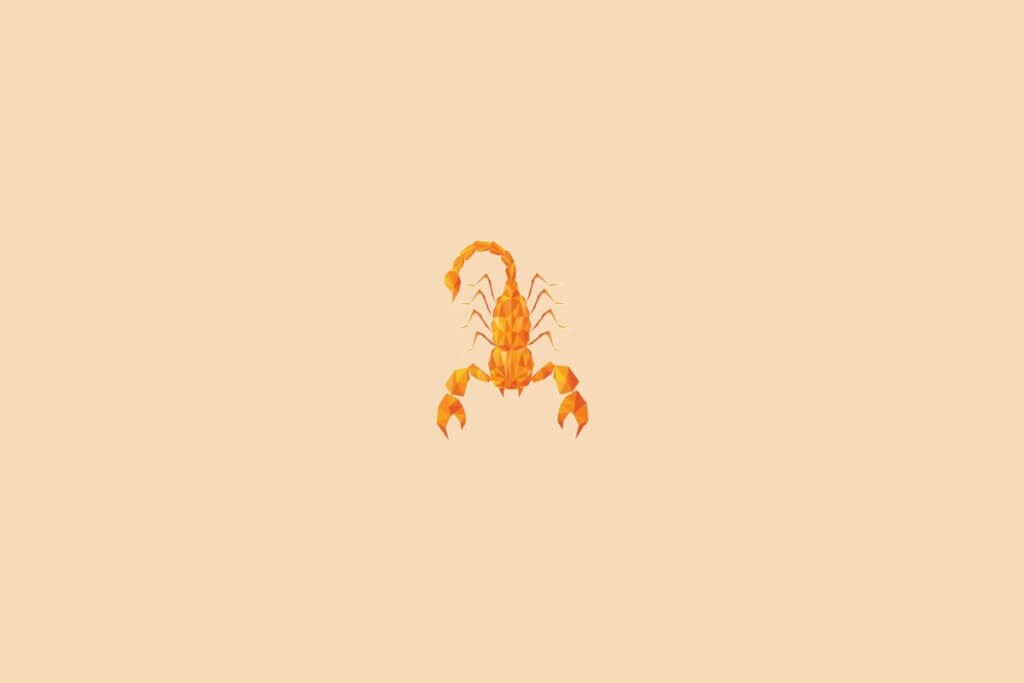 Ilustração do signo de escorpião, na cor laranja, centralizado em um fundo laranja-claro