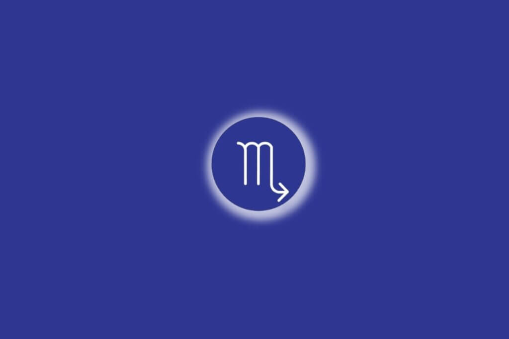 Ilustração do signo de escorpião em um círculo azul, com luz branca ao redor, sobre um fundo azul