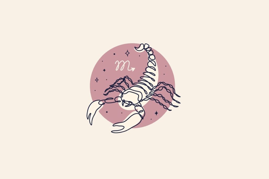 Desenho de um escorpião dentro de um círculo rosa. Fundo bege e símbolo do signo de escorpião acima