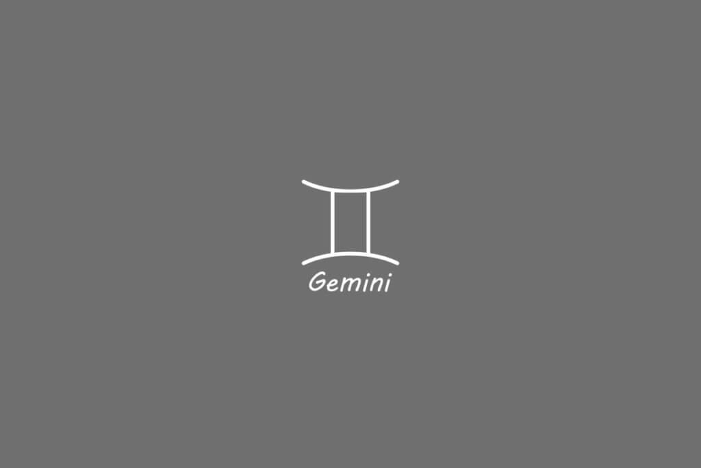 Símbolo do signo de gêmeos, na cor banca, centralizado em um fundo cinza e com o nome embaixo