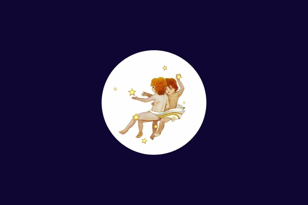 Ilustração do signo de gêmeos em tons de amarelo e laranja em um círculo branco sobre um fundo azul-escuro