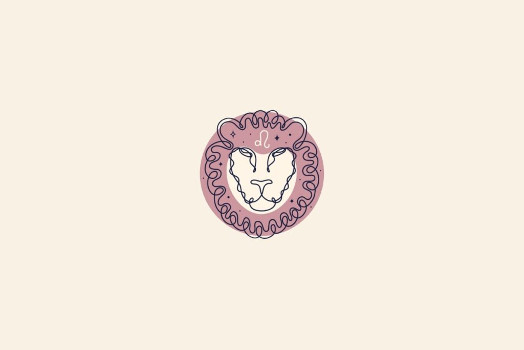 Desenho de um leão dentro de um círculo rosa. Fundo bege e símbolo do signo de leão acima