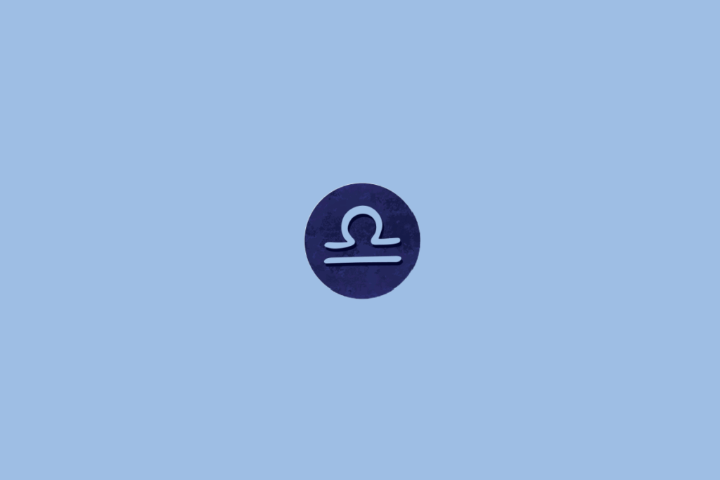 Círculo azul-escuro centralizado em fundo azul-claro. Dentro, o símbolo do signo de libra e manchas escuras ao redor