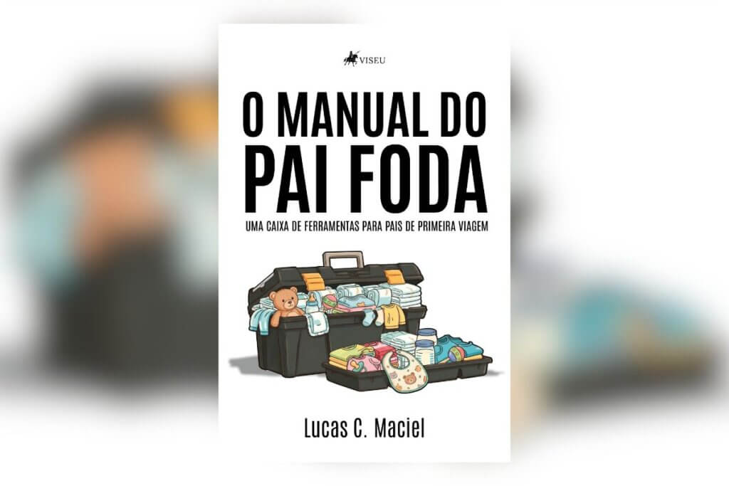 Capa de livro branca com título e nome do autor em preto e ilustração de uma mala cheio de coisas para crianças