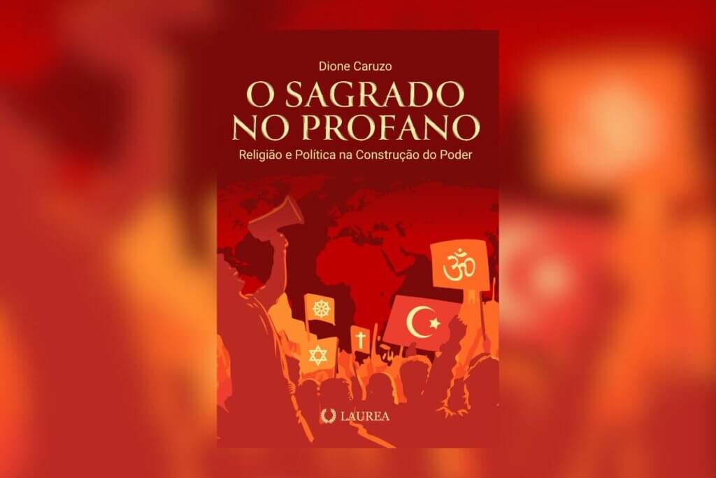 Capa de livro vermelha com título e nome do autor, com ilustração de pessoas andando nas ruas com bandeiras