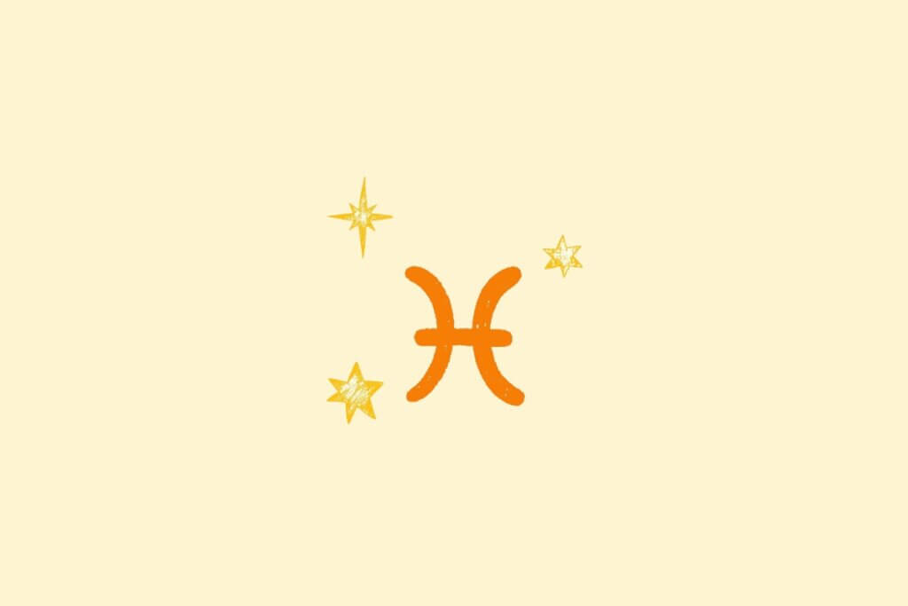 Ilustração do signo de peixes na cor laranja, centralizado em um fundo amarelo, e rodeado por estrelas