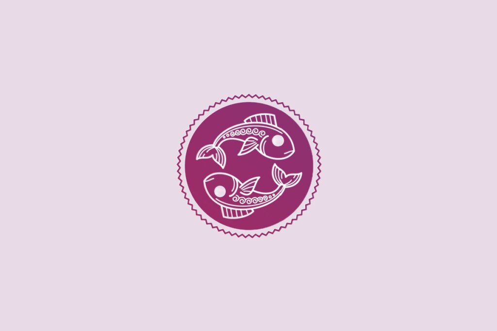 Ilustração de um círculo roxo com desenho de dois peixes no centro, representando o signo de peixes, sobre fundo lilás