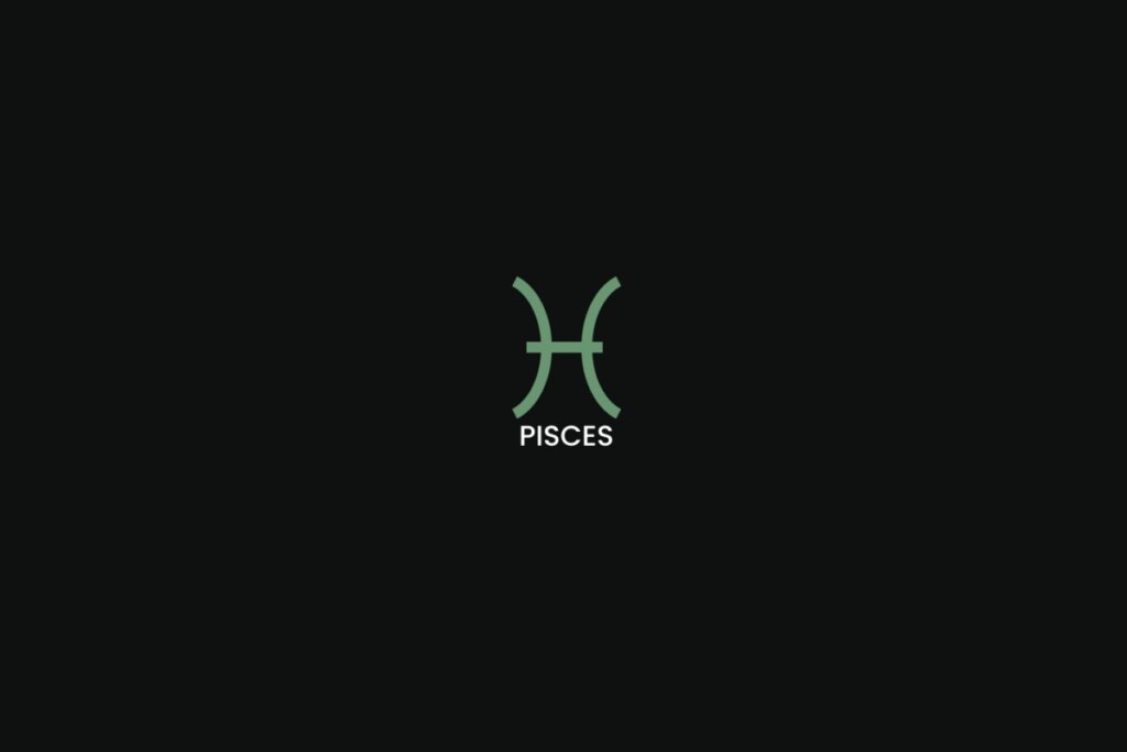 Símbolo do signo de peixes na cor verde, com o nome do signo embaixo, centralizado em um fundo preto