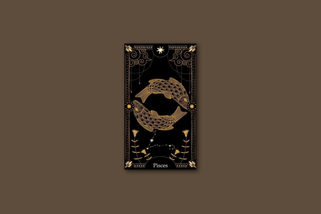 Ilustração de uma carta preta, com o desenho do signo e da constelação de peixe, com borda dourada e estrelas