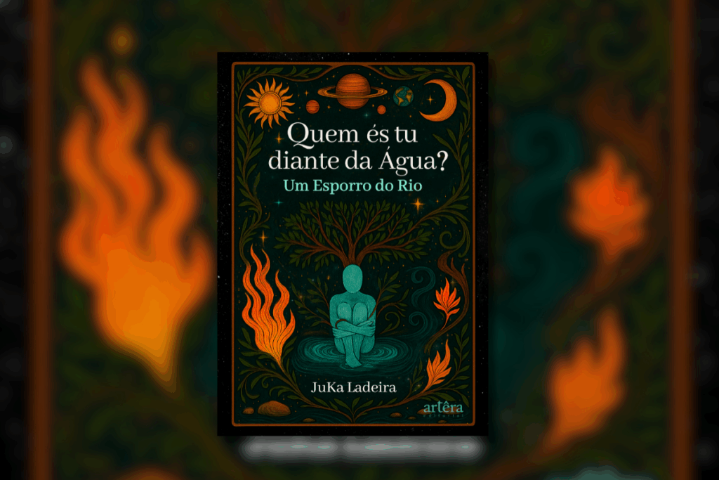 Capa do livro "Quem És Tu Diante da Água?", com a ilustração de uma pessoa, no formato de água, em poça de água. Fundo preto com plantas, fogo e planetas ao redor