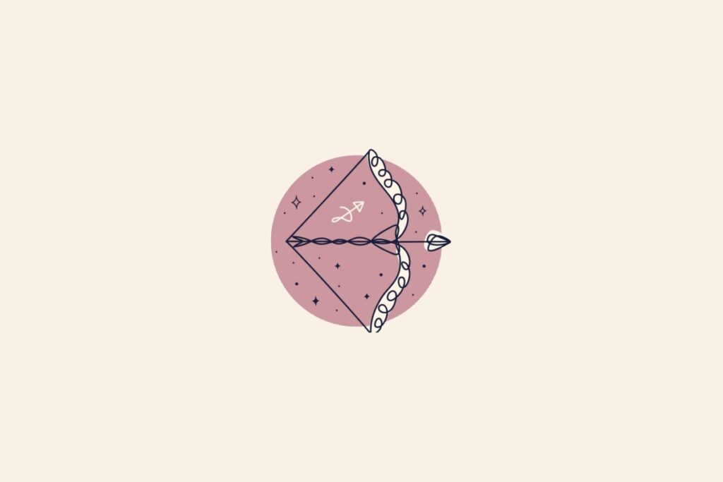 Desenho de um arco e flecha dentro de um círculo rosa. Fundo bege e símbolo do signo de sagitário acima