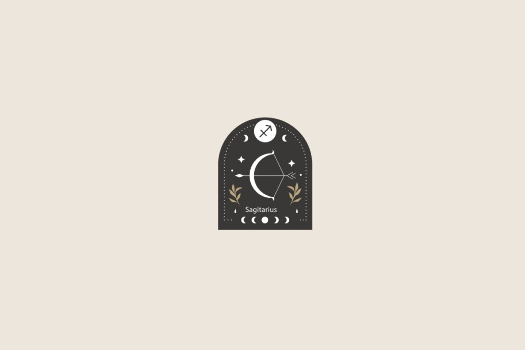 Símbolo estilizado do signo de sagitário sobre um formato de arco preto. O fundo geral é bege-claro