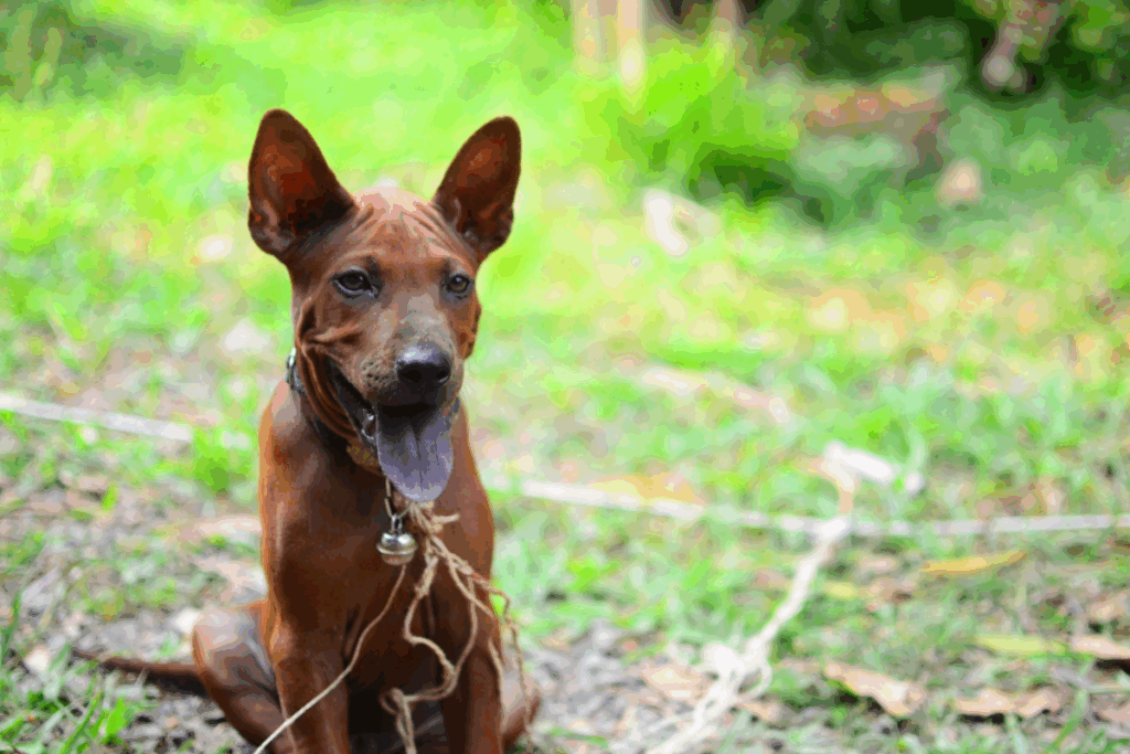filhote de cachorro da raça thai ridgeback com a pelagem avermelhada e a língua azulada. ele está sentado em grama verde