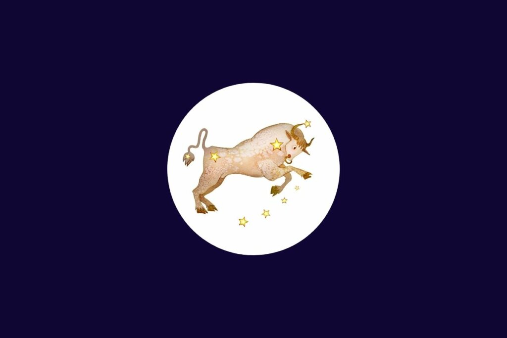 Ilustração do signo de touro em tons de bege em um círculo branco sobre um fundo azul-escuro