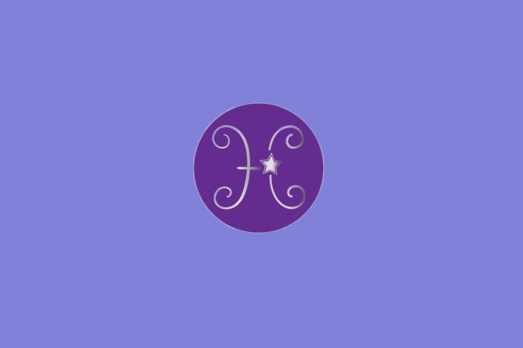 Ilustração do signo de Peixes, contendo símbolo com duas curvas opostas conectadas por traço central e estrela ao lado, em fundo roxo