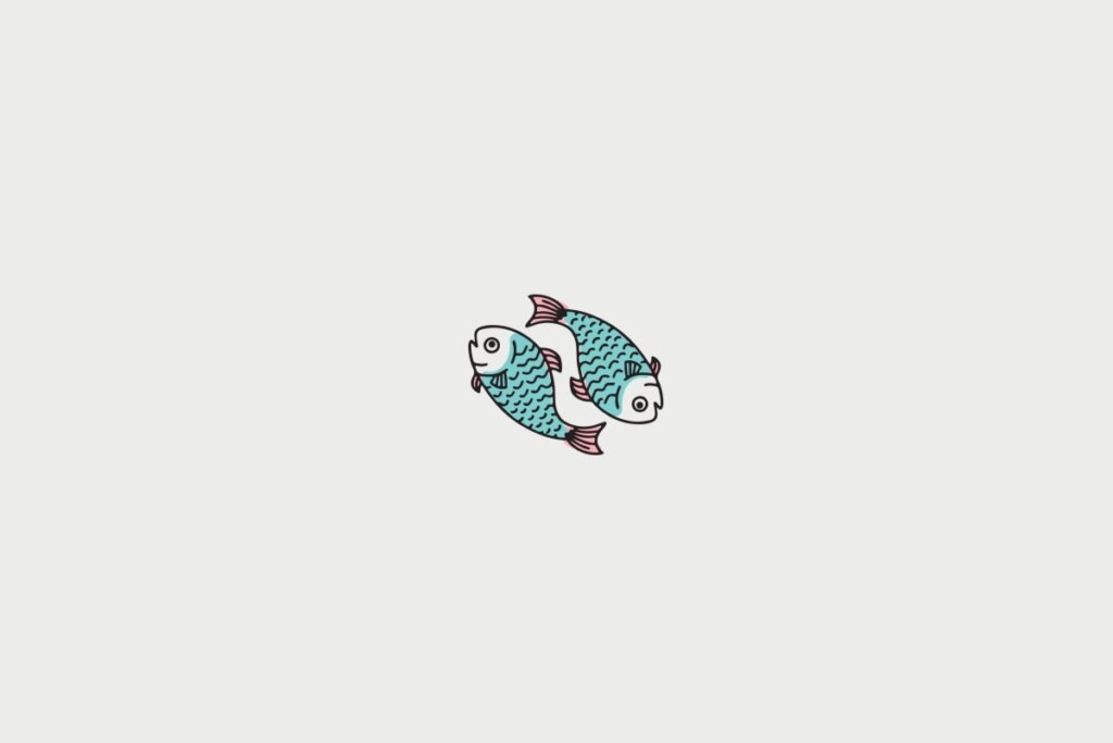 Ilustração de dois peixes formando um círculo, centralizados em fundo cinza-claro