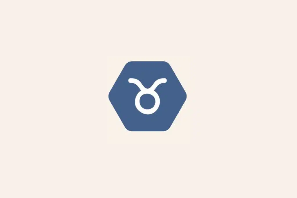 Ilustração do signo Touro, com símbolo branco representando os chifres do touro em hexágono azul-escuro em fundo bege