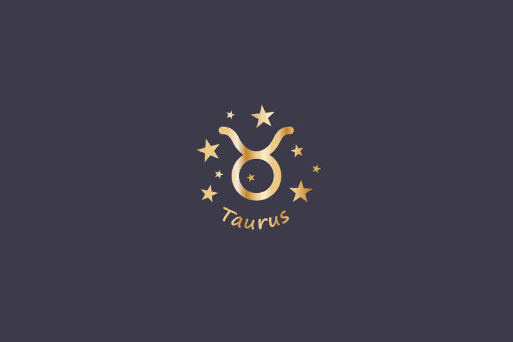 Ilustração do signo de Touro, em fundo cinza, contendo o símbolo do signo em dourado, no formato de cabeça de touro com chifres, cercado por estrelas e com o nome "Taurus" abaixo
