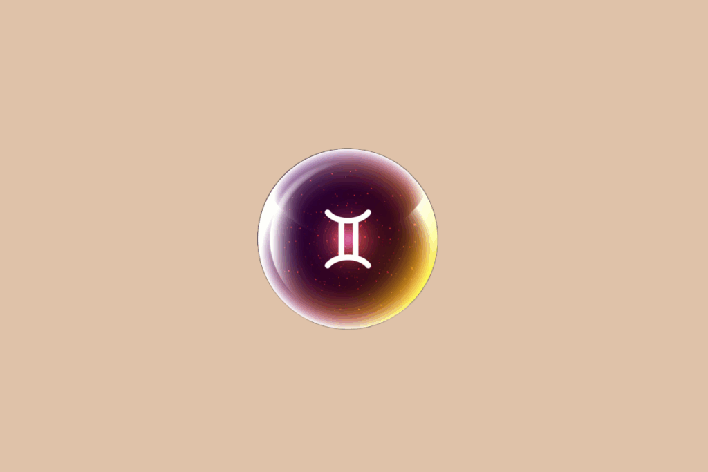 Ilustração do signo de Gêmeos, em fundo bege, contendo o símbolo do signo em branco, semelhante ao algarismo romano dois, no centro de uma esfera luminosa