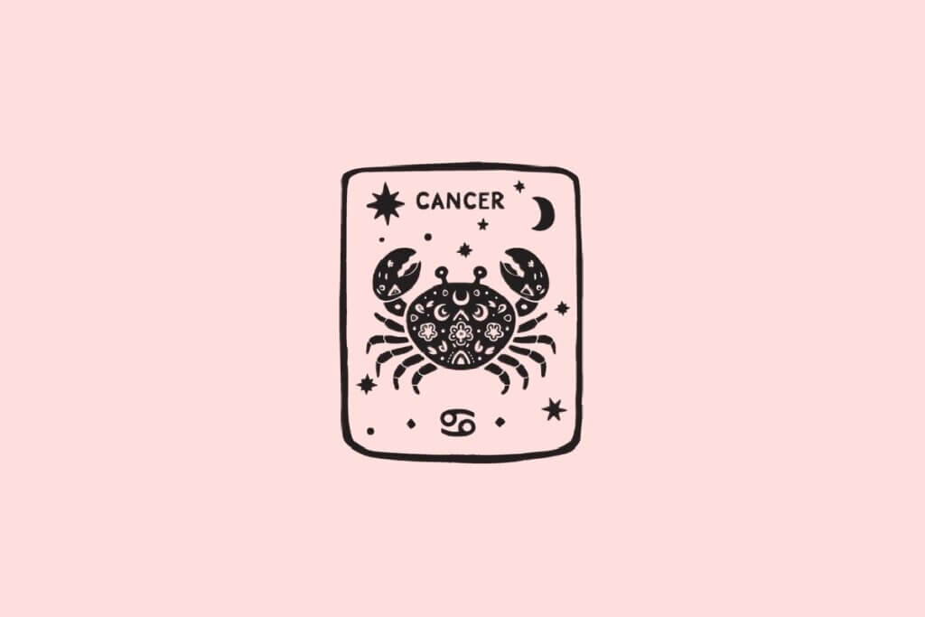 Ilustração do signo de Câncer, contendo um caranguejo ornamentado com lua crescente e estrelas, em fundo rosa-claro