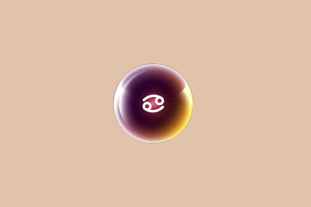 Ilustração do signo de Câncer, em fundo bege, contendo o símbolo do signo em branco, formado por duas espirais entrelaçadas, no centro de uma esfera luminosa